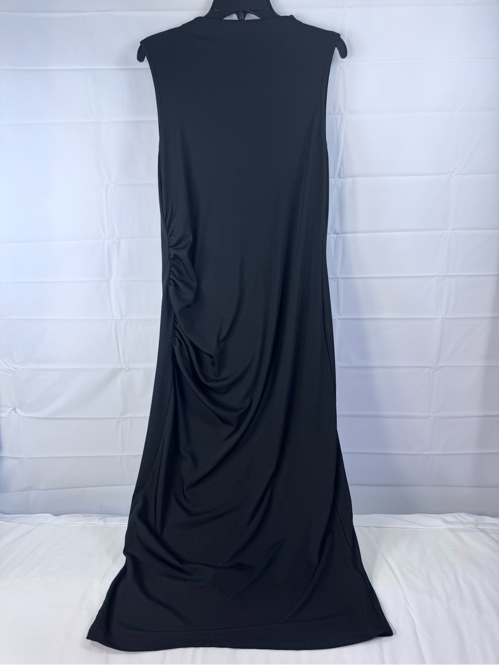 CIDER 0XL Black Ribbed Ruched Draped Asymmetrical Maxi Dress
